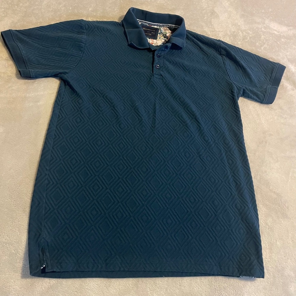 Vintage Stitches & Rivets Mens Teal Blue Diamond Textured Polo Shirt Small